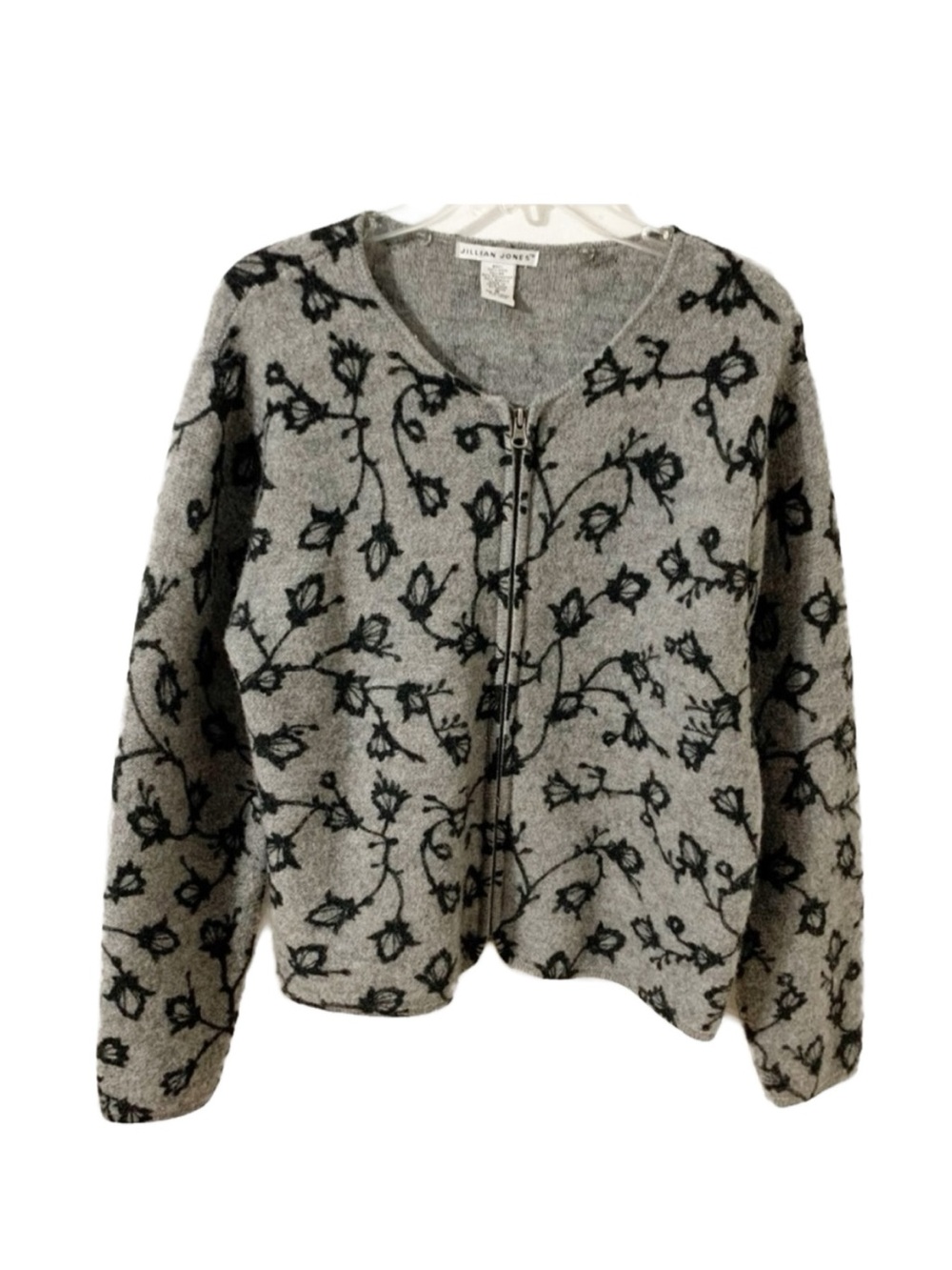 Jillian Jones Wool Floral Print Front Zip Rounded Neckline Long Sleeve Sweater